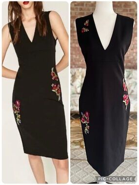 Zara Dress Black Floral Embroidered Patch Sheath Midi M Cocktail